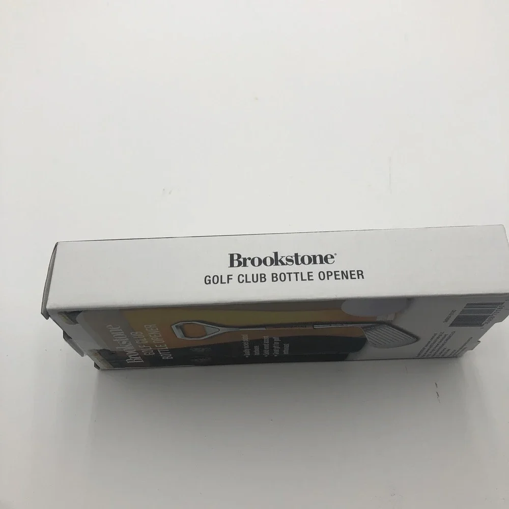 Brookstone Golf Club Bottle Opener Beer Soda New W Box Nickel Plated Wood Accent